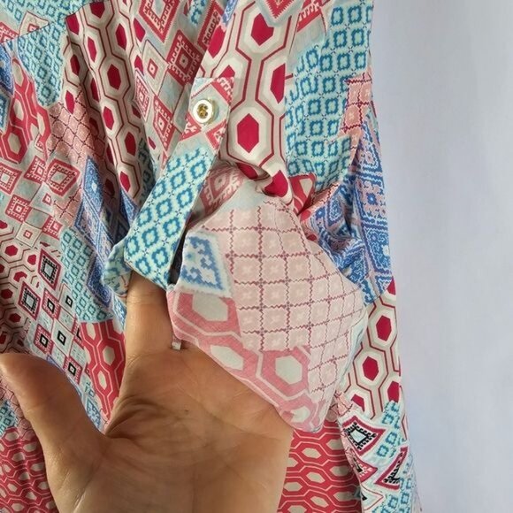 Talbots Geometric Button Up Blouse 2XP Multicolor Patchwork Roll Tab Sleeves NWT - Picture 3 of 10